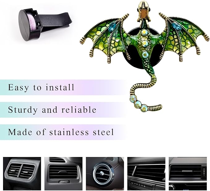 2PCS Bling Wyvern Car Air Freshener Vent Clips, Alloy Enamel Dragon Auto Outlet Clips with Fragrance Tablets, Refillable Cute Flying Dragon Crystal Vent Clip Aroma Diffuser (Green)