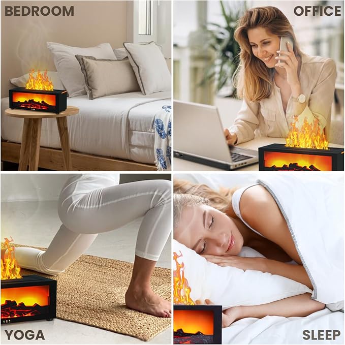 Fireplace Humidifier Diffuser, 7 Colors Flame Diffuser for Essential Oils, Fire Aroma Diffuser with Remote, Ultrasonic Air Humidifiers Aromatherapy Diffuser with Timer for Home, Bedroom, Office, Yoga