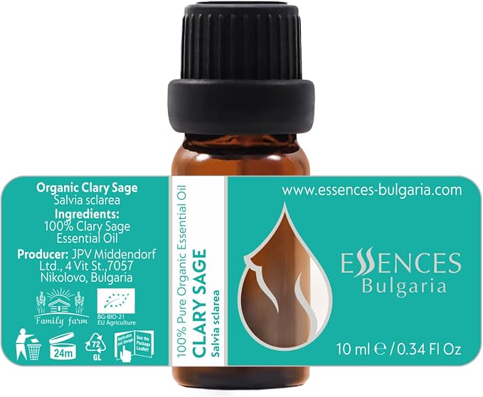 Essences Bulgaria Organic Clary Sage Essential Oil 1/3 Fl Oz | 10ml | Salvia sclarea | 100% Pure and Natural | Undiluted | Therapeutic Grade | Family Owned Farm | Steam-Distilled | Non-GMO | Vegan