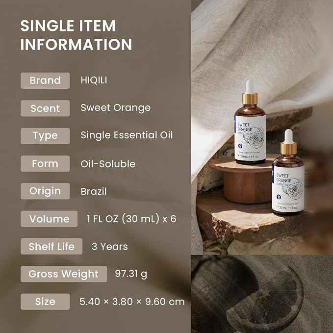 HIQILI Sweet Orange Essential Oil Set-1 fl oz (6 Pack) | Bulk Wholesale for Business, Air Freshening & Space Cleaning, DIY & Skin Care, for Hotel, DIY Studio, Gift & Household Stock