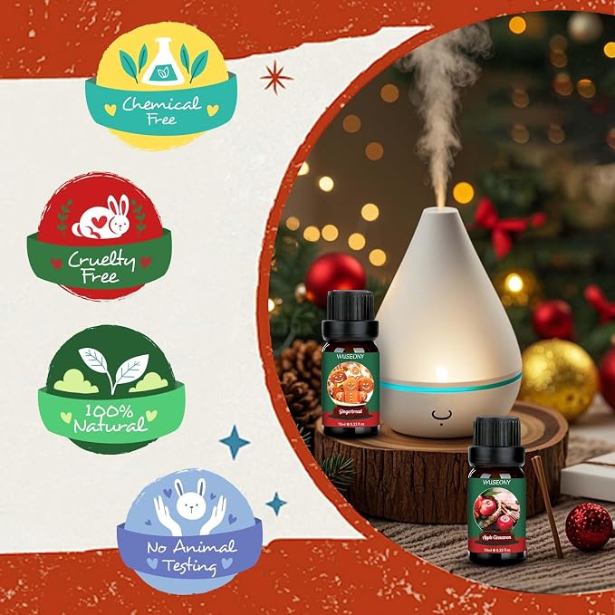 WUSEONY Christmas Fragrance Oils Set, Essential Oils for Diffusers Home, Aromatherapy Oils Gift for Candle Making - Christmas Tree, Apple Cinnamon, Gingerbread, Candy Cane, Sugar Cookie, Hot Chocolate
