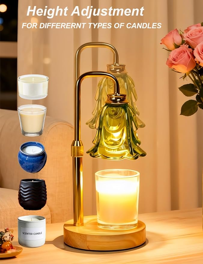 Candle Warmer Lamp, Flower Glass Candle Lamp with Timer, Birthday Gifts for Mom Women, Dimmable Height Adjustable Home Gifts, Home Decor for Home Bedroom Office Fragrance (Green Flower)