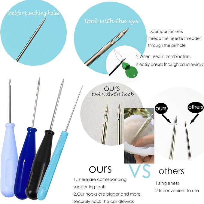 11 PCS Candle Punch Wicking Needle tools with Hook & Eye Mold Hole Punch Candlewick Inserting Tool Tweezer for Silicone Molds Large-Eye Candle Wicking Needle Threader for Candlewick of All Thicknesses