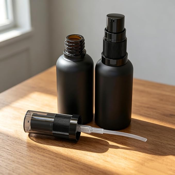 6 Pack Empty Travel Refillable Glass Pump Bottles Dispener 30ml/1oz, Matt Black Small Cosmetic Containers for Lotion,Cream,Essential Oil,Shampoo,Sercums (30ml Black 6pcs)