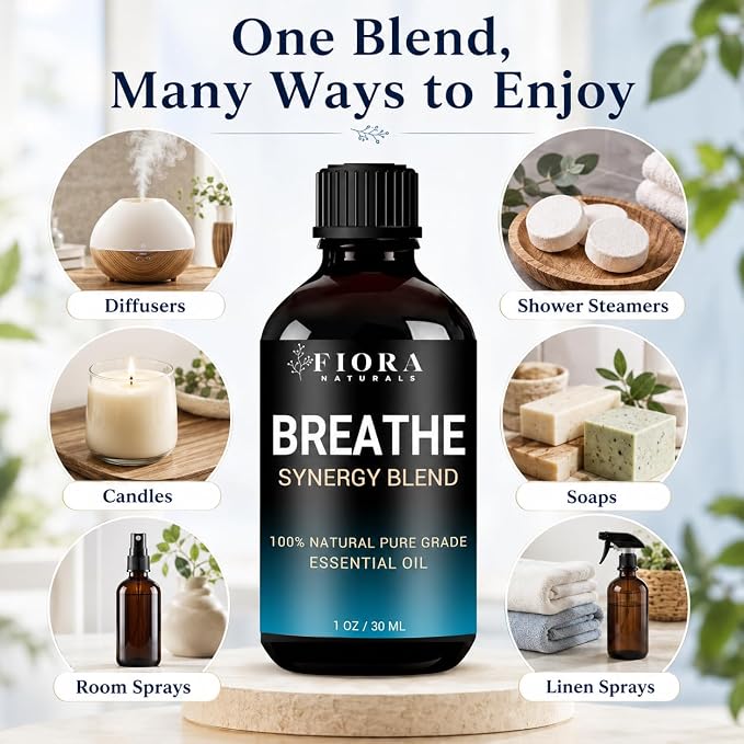 Breathe Essential Oil for Diffuser, 100% Natural Pure Grade Synergy Blend with Eucalyptus, Peppermint, Tea Tree, Lemon, Pine Needle, Cardamom & Laurel Leaf, Refreshing Blend for Aromatherapy