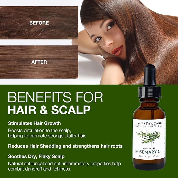 100% Pure Rosemary Essential Oil for Hair Growth & Skin Care Steam Distilled Rosemary Oil for Scalp Massage Aromatherapy DIY, Natural Hair Treatment in UV Protected Glass Bottle - 1oz (30ml)