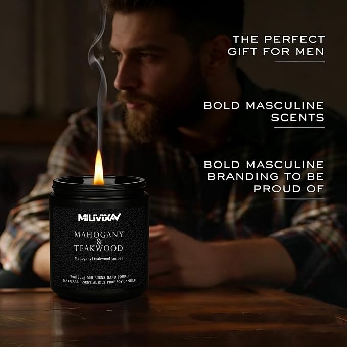 MILIVIXAY Candle for Men Mahogany & Teakwood Scented Classic 9oz Jar Single Wick Candle, Soy Wax Candles for Consistent Burn, Over 50 Hours of Burn Time, Ideal for Creating Relaxing & Holiday Gifting.