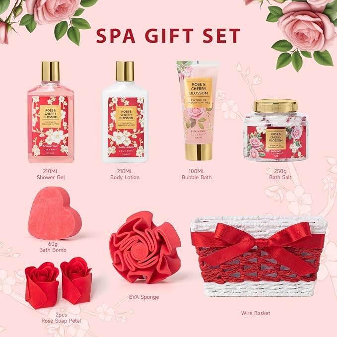 Gifts for Women, Birthday Gift Basket - 9 Pcs Rose Bath and Body Gift Basket Set, Spa Gift Set with Shower Gel | Pampering Spa Gift for Christmas, Valentines Day, Mothers Day Gift Sets for Mom