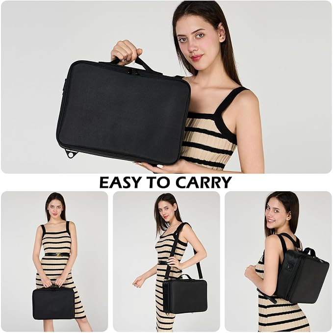 gzcz Large Capacity Travel Makeup Train Case,Professional Cosmetic Bags for Women,Portable Makeup Brush Bag Organizer Storage with Adjustable Dividers and Shoulder Strap