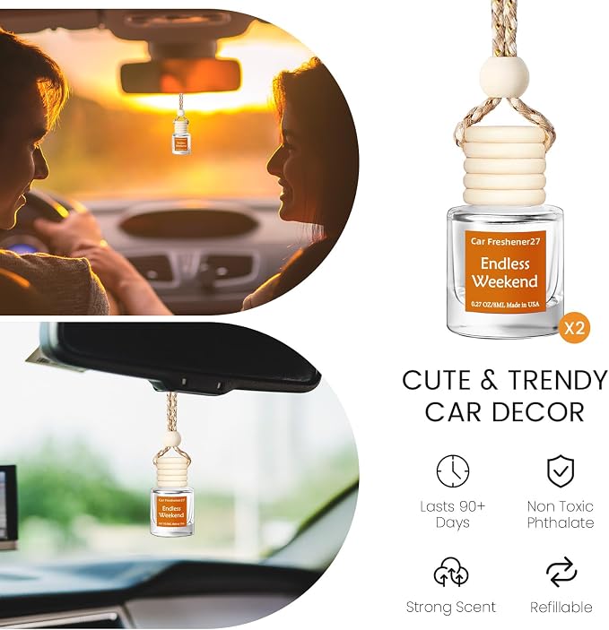 Hanging Car Air Freshener, Long Lasting Essential Oil Diffuser, Non-Toxic Endless Weekend Scent, Cute Car Fresheners for Women, 2 Pack Made in USA