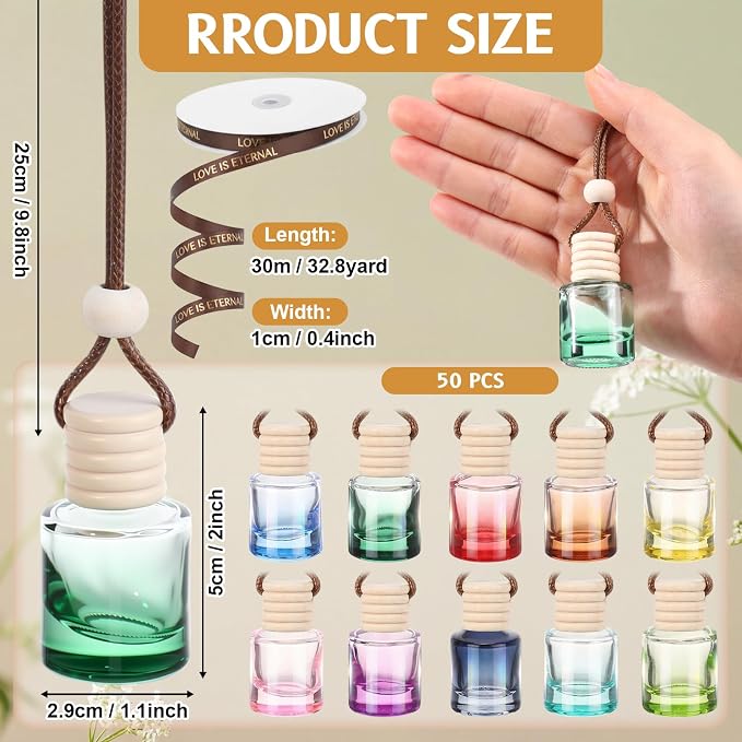 Mudder 50 Pcs Gradient Hanging Car Air Freshener Car Diffuser Bottle Pendant Empty Glass Perfume Bottle for Essential Oil Fragrance Aromatherapy Ornament Wedding Employee Gifts(Cylinder,Colorful)