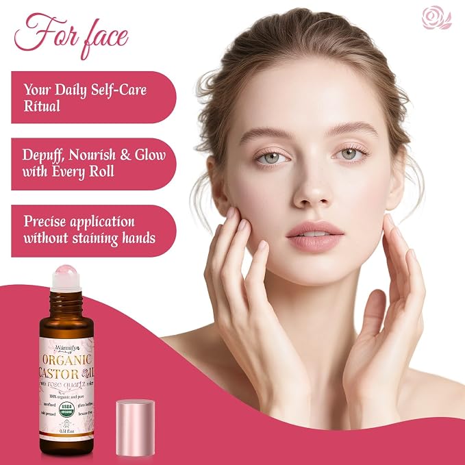 Organic Castor Oil with Real Rose Quartz Roll-On, 2 Pack for Face & Eyes — Lash & Brow Growth, Under Eye Care, Skin Moisturizing, Cold-Pressed, Hexane-Free, Beauty Self-Care Gifts for Women