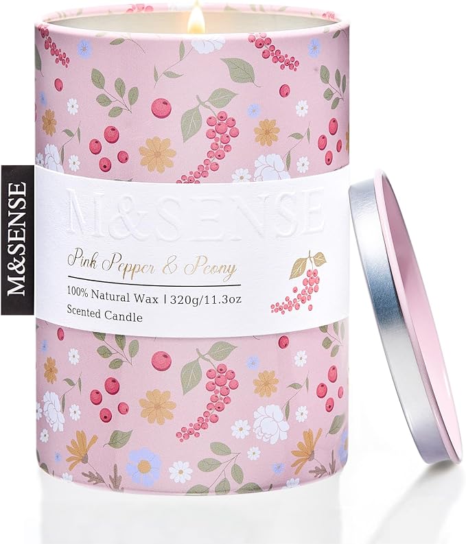 M&SENSE Pink Pepper Peony Scented Candle, Medium Jar 11.3oz | Natural Soy Wax, Floral Candles, Up to 70 Hours Burning, Long-lasting Fragrance, Gift for Spring Holiday