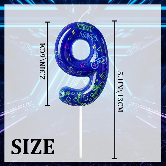 Number 9 Birthday Candle for Cake – Blue Gaming Theme Number Candle with “Next Level” Design, Video Game Style Cake Topper for Anniversary & Celebration