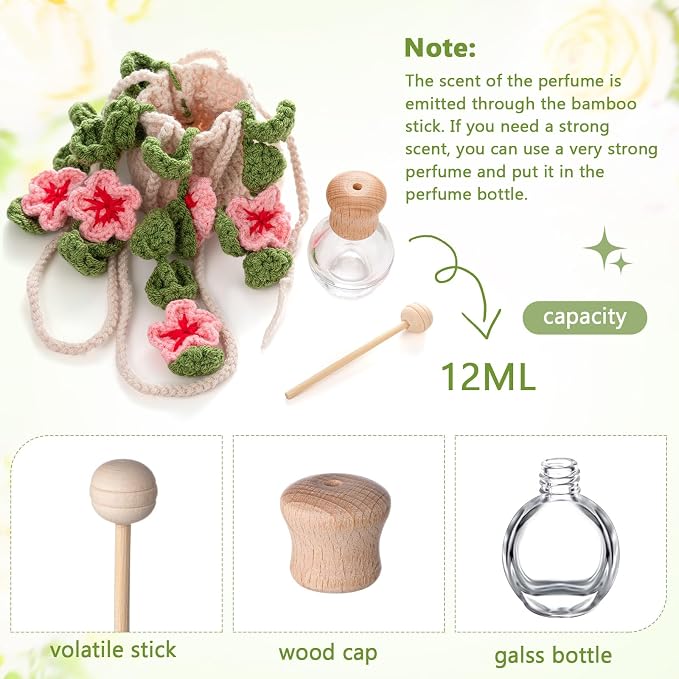 DaisyInner Cute Crochet Plant Car Freshener 12ml Empty Refillable Diffuser Bottle with Plants Hanging Accessories for Ornaments Charms Rearview Mirror Home Office Decor Women Gifts(Cherry Blossoms)
