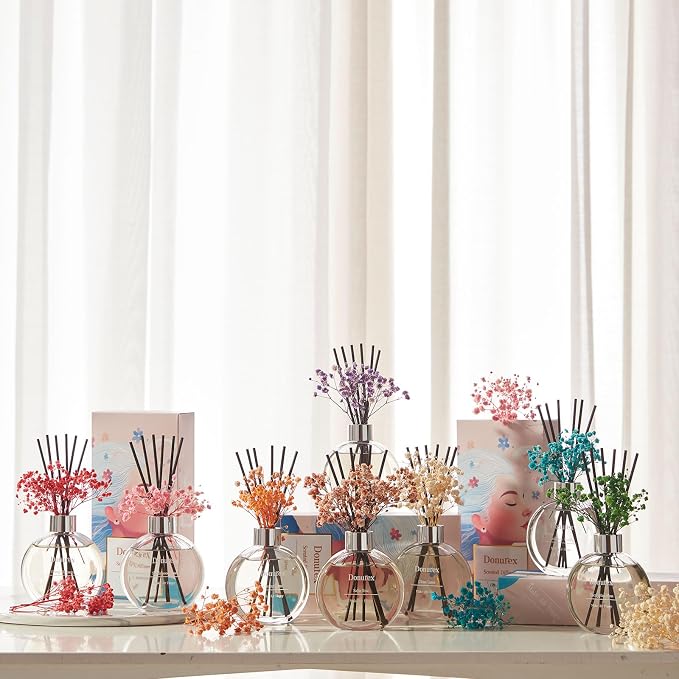 Flower Reed Diffuser Set 5.07oz White Peach & Oolong Scent Diffuser with Sticks Home Fragrance Reed Diffuser for Bathroom Shelf Decor