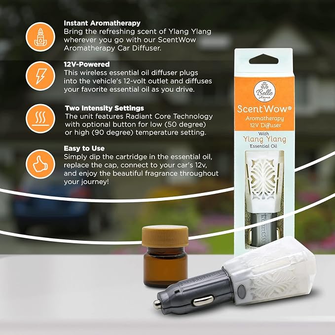 Belle Aroma ScentWow Aromatherapy - Ylang Ylang Car Diffuser for Essential Oils – Portable 12V Plug-In Mini Diffuser – Compact Travel Humidifier for Car, Truck & Small Spaces – White & Gray