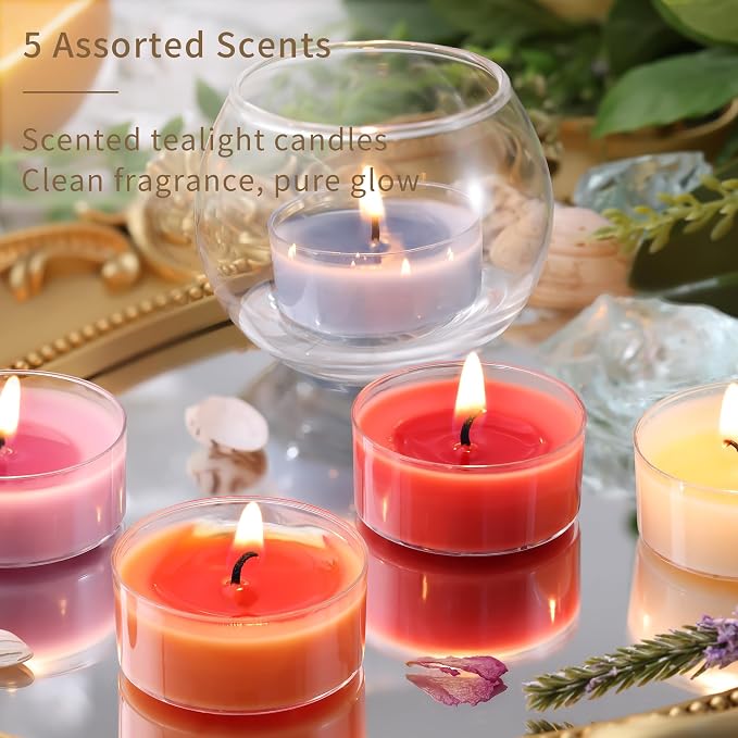 DEVI Assorted Scented Tea Lights Candles 10 Pack, 3.5-4 Hours Natural Palm Tea Candles Bulk for Home Scented, Highly Scented Small Votives with Essential Oils for Home Aromatherapy, Baby Shower Favors
