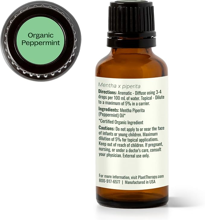 Plant Therapy Organic Peppermint Essential Oil 30 mL (1 oz) 100% Pure, Undiluted, USDA Certified Organic Aromatherapy, for Neck Tension and Muscle Discomfort