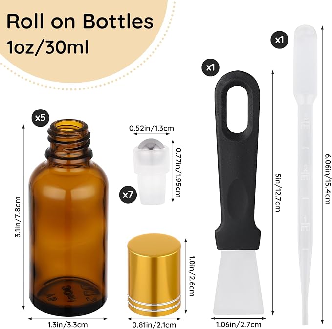 Segbeauty 1oz Thick Amber Glass Roller Ball Applicator, 5pcs Refillable Perfume Roller Bottles for Essential Oils, 30ml Travel Size Roll On Bottle for Eye Essence, Empty Rollerball Bottles for Oil