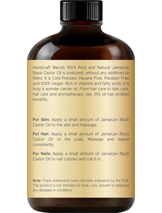 Handcraft Blends Cold-Pressed Jamaican Black Castor Oil 4 Fl Oz | Glass Bottle | Lash Brushes | 100% Pure and Natural | Premium Grade Carrier Oil | Hair, Eyelashes and Eyebrows | Hair and Body