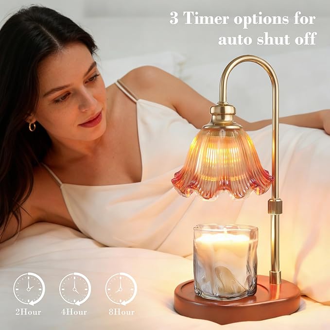 Banbanda Candle Warmer Lamp with Timer Dimmable: Birthday Gifts for Women, Safe Flameless Scent Lamp – Height Adjustable Candle Lamp, Walnut Solid Wood Base, with 2 Bulbs
