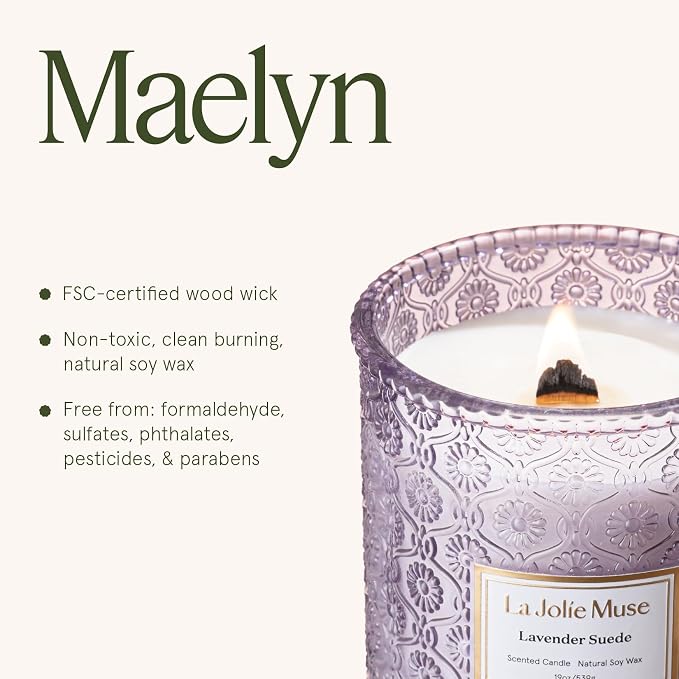 LA JOLIE MUSE Lavender Suede Scented Candles for Home,19 oz Natural Soy Wax | Large Jar Luxury Candle, Clean Non Toxic, Gift for Women & Men, Relaxing Aromatherapy, Decorative Purple Candles, Wood Wick