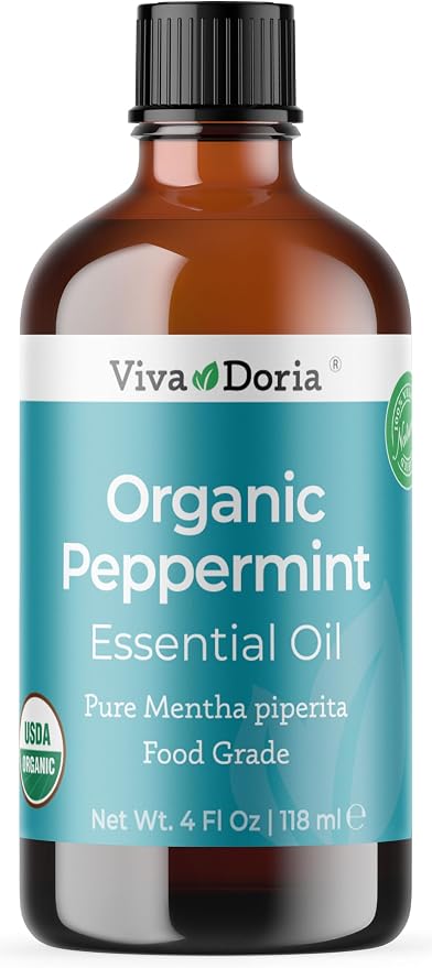 Viva Doria Peppermint Essential Oil, USDA Certified, Organic Peppermint Oil, 100% Pure, Natural Essential Oil, Undiluted, for Aromatherapy | Food Grade, 118 mL (4 Fluid Ounce)