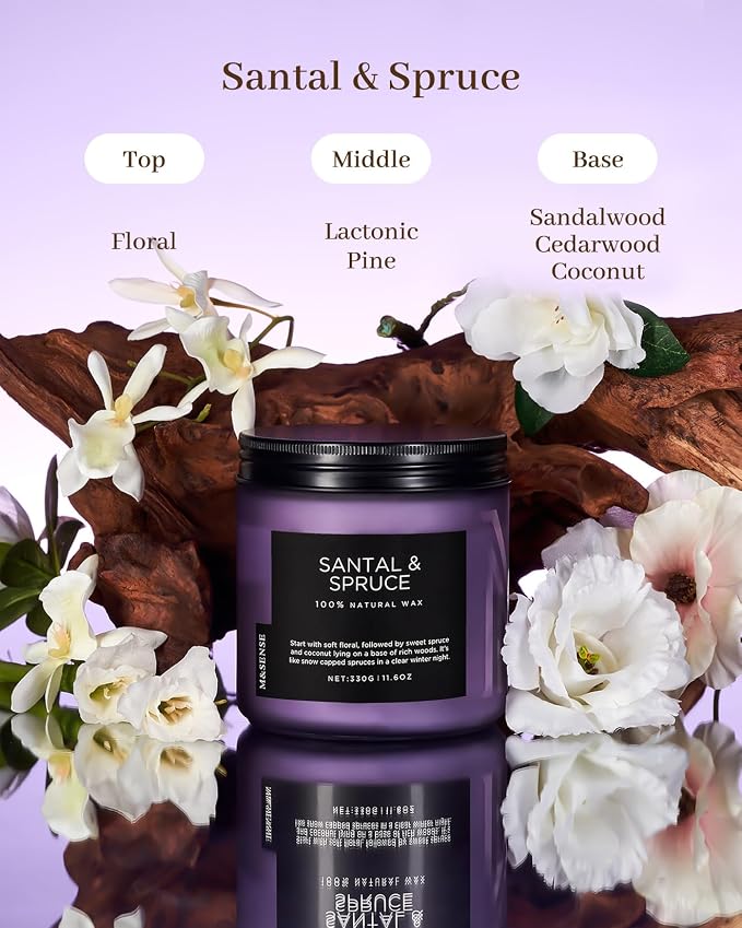 M&SENSE Santal Spruce Scented Candle, 11.6oz 70 Hours Burn Non Toxic Natural Soy Wax, 2 Cotton Wick Candle for Winter Holiday Housewarming Gifts for Family Friends Teachers