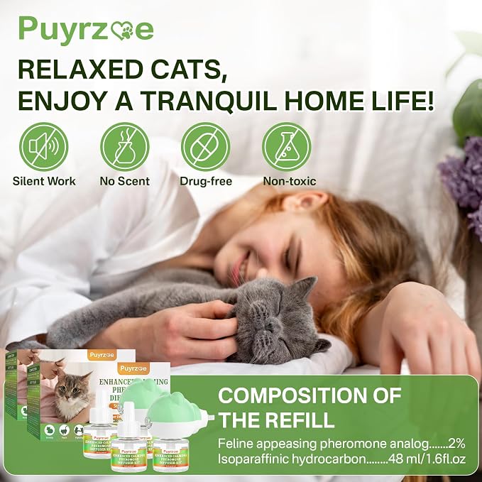 puyrzoe Cat Calming Diffuser with 3 Timing Functions, 6-in-1 Cat Pheromones Calming Diffuser Kit, 120-Day Anxiety Relief, Stress Reduction & Relaxation for All Cats (2 Diffusers + 4 Refills)