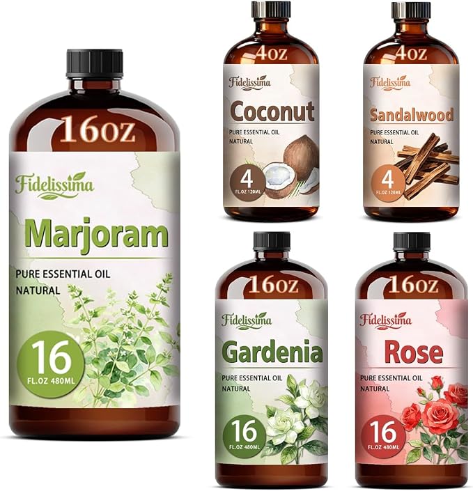 Fidelissima Natural Essential Oil Set,5 Scents Gift Kit–Marjoram,Coconut,Sandalwood,Gardenia,Rose,Fragrance Oil for Diffuser,Candle Soap Making,Personal Care with Glass Dropper