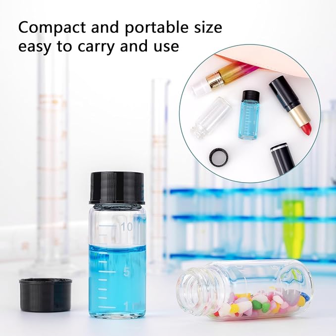 Kesell 10-Pack 10ml (0.338oz, 2.7dram) Premium10ml Borosilicate Glass Vials with Caps - Clear, Graduated - Ideal for Samples
