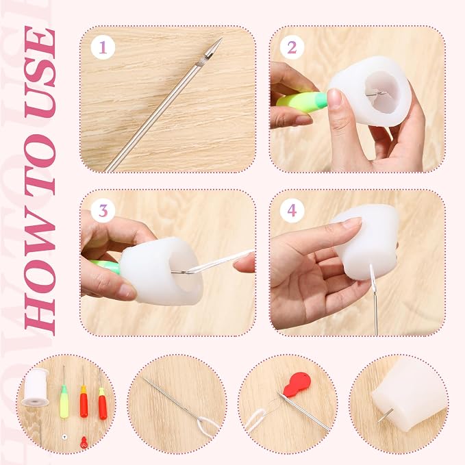 Zeyune 20 Pcs Candle Wick Needle for Silicone Molds, Mold Punch Needle with Hook & Eye, Candle Inserting Tool, Wick Holders, Thread, Stickers and Tabs