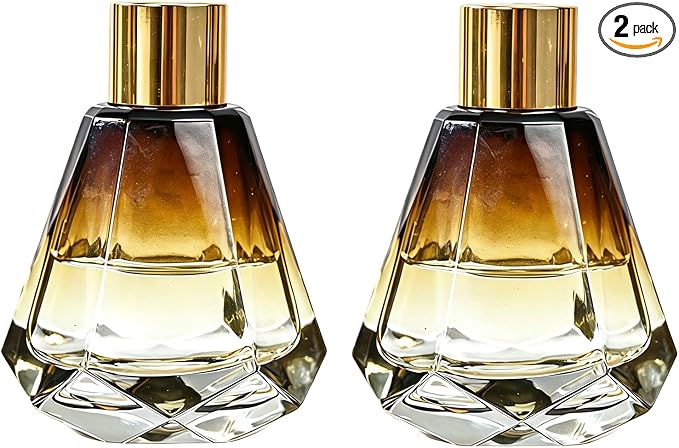 2 Pack 2oz Amber Reed Diffuser Bottles, Empty Refillable Diamond Style Glass Aromatherapy Bottles with Gold Caps & Inner Stoppers for Bathroom, Home & Office Fragrance DIY