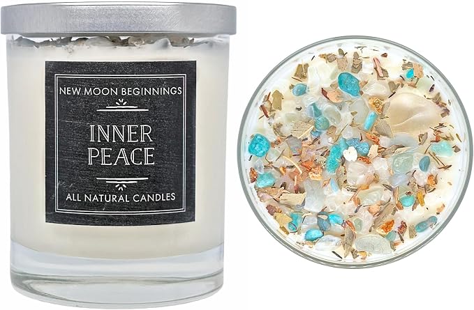 Inner Peace Candle by New Moon Beginnings - Dried Flower, Herb, & Crystal Candles - Soy Candle - All Natural Aromatherapy Candle - 7.75 oz Glass Jar