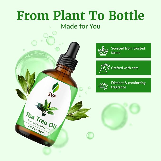 SVA Tea Tree Essential Oil 4 Fl Oz – for Diffuser, Skin & Hair Care – Ideal for Massage & DIY Blends – with Dropper