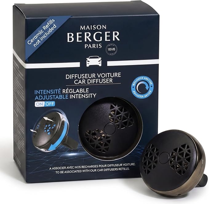 MAISON BERGER Car Diffuser, On/Off Smart Black, No Refill Included | Patented On/Off Intensity Control, Refillable Vent Clip, Holder Only, Ceramic Refill Sold Separately, Made in France