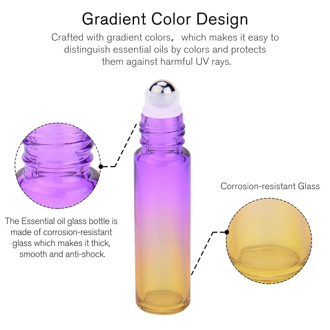 PrettyCare 24 Pack, 10 ml Essential Oil Roller Bottles with Stainless Steel Roller Ball - Refillable Leak-proof Empty Thick Rainbow Glass Roll on Bottles with Metal Caps for Travel, Perfume
