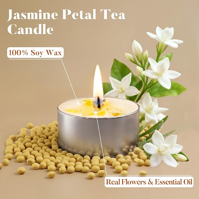 16 Pack Jasmine Tealight Candles with Real Dried Petals, Natural Soy Wax, 6-Hour Burn Time for Home, Wedding & Bath Decor