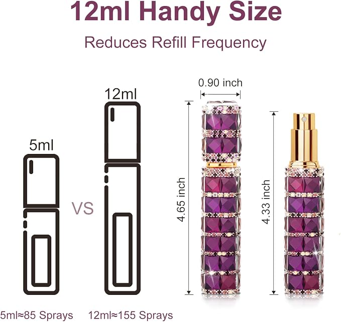 Travel Perfume Atomizer Refillable Bottle, 12ml Rhinestone Mini Perfume Bottles Empty Refillable Travel Atomizer Sprayer with Funnel (Purple)