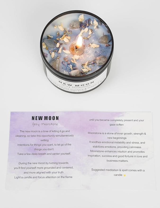 NEW Moon Handmade Candle, New Beginnings, Ritual Energy Gift, Intention De-Stress Good Fortune, Success Protection, Meditation, Moonstone, Soy Wax (8oz)