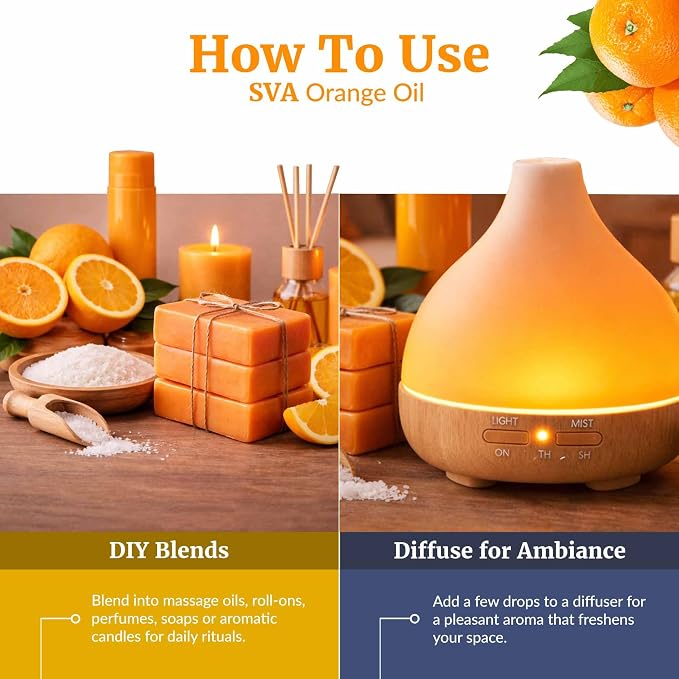 SVA Orange Essential Oil Organic – 2 Fl Oz – 100% Natural Organic Orange Oil - for Diffuser, Hair, Face, Skin Care, Aromatherapy, Scalp and Body Massage, Soap and Candle Making - with Dropper