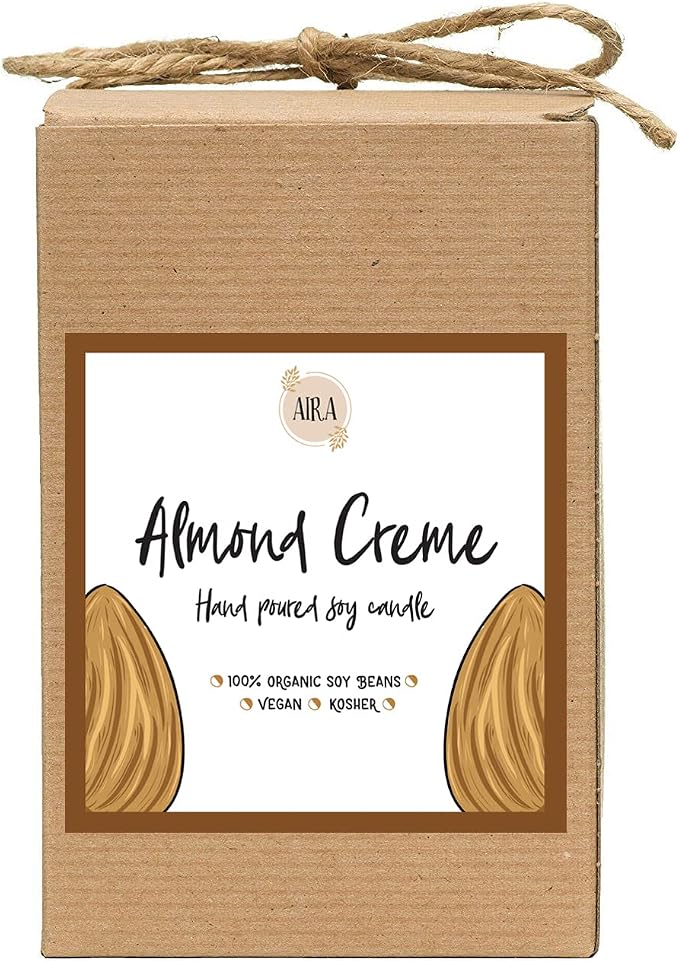 Aira Soy Candles - Organic, Kosher, Vegan, in Mason Jar w/Therapeutic Grade Essential Oil Blends - Hand-Poured 100% Soy Candle Wax - Paraffin Free, Burns 110+ Hours - Almond Creme -16 Ounces