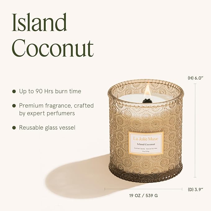 LA JOLIE MUSE Island Coconut Vanilla Scented Candles for Home,19 oz Soy Wax | Large Jar Luxury Candles, Clean Non Toxic, Gift for Women & Men, Decorative Gourmand Summer Candle, Tropical Candle,Wood Wick