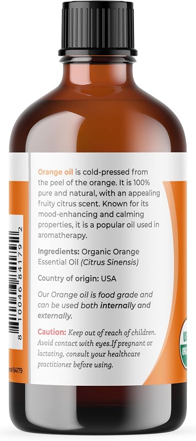 Viva Doria Orange Essential Oil, USDA Certified, Organic Orange Oil, 100% Pure, Natural Essential Oil, Undiluted, for Aromatherapy | Food Grade, 118 mL (4 Fluid Ounce)