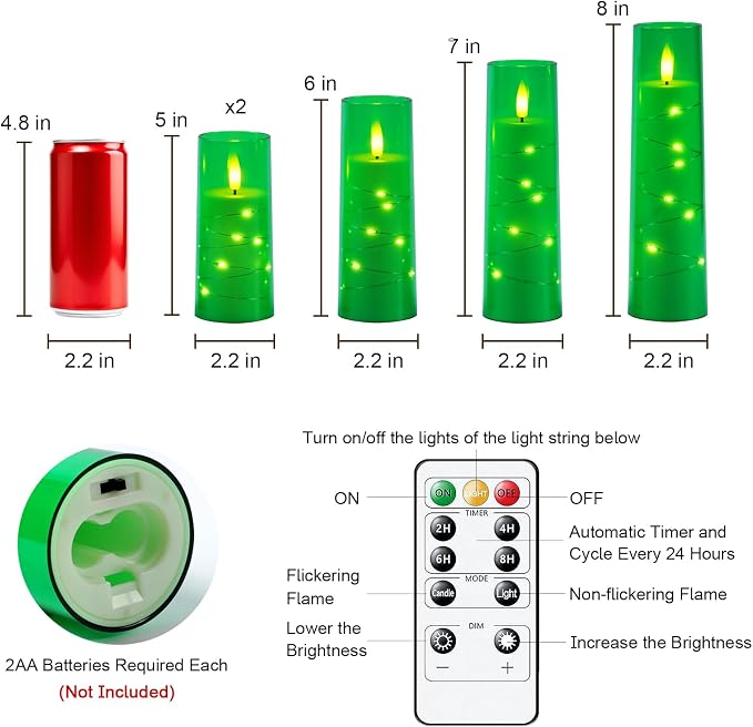 Raycare St. Patrick's Day Flameless Candle with Remote Timer – 5 Flickering Acrylic Battery Operated LED Pillar Candles with Embedded Star String for Christmas, Home Decor, and as a Gift(Green)