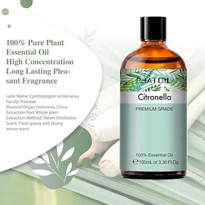 PHATOIL 100ML Citronella Essential Oil, for Aromatherapy Diffusers, Humidifiers, Great for DIY Candle and Soap Making, Gift for Friend