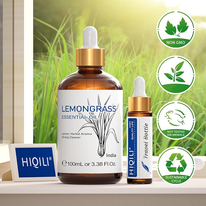 HIQILI Lemongrass Essential Oil, 100% Pure Natural Undiluted Premium Oils - 3.38 Fl. Oz