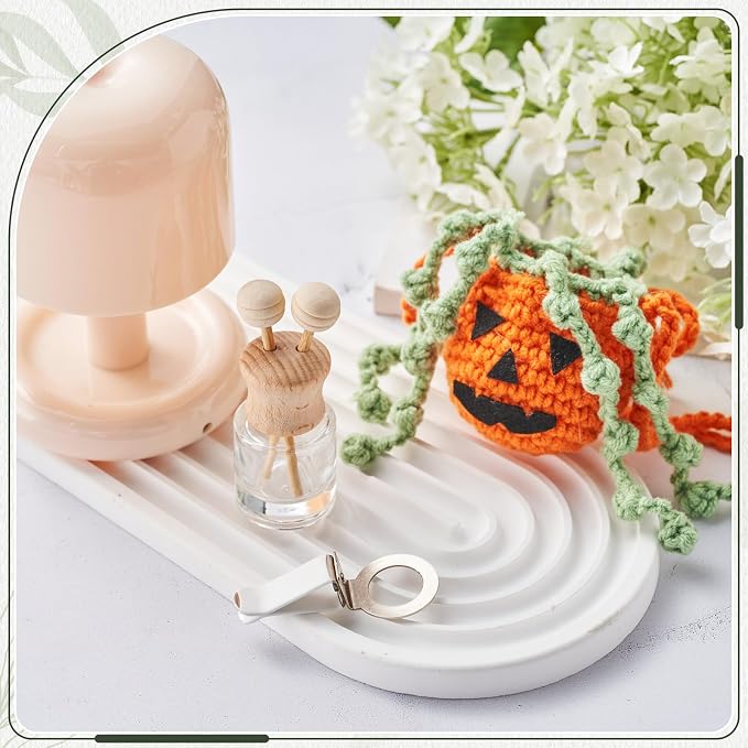 Leelosp 7 Pcs Nightmare Decoration Christmas Pumpkin Crochet Hanging Car Air Freshener with Empty Refillable Essential Oil Diffuser Bottle Clip Knitted Handmade Car Interior Ornament (8 ml, Pumpkin)