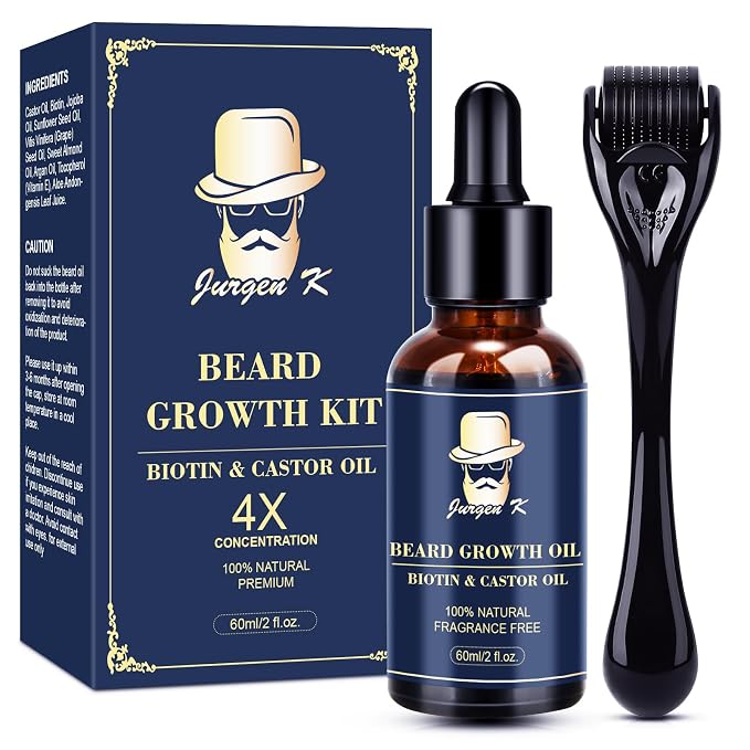 Beard Growth Kit, Beard Growth Oil (2Oz) w/Biotin & Castor Oil, Beard Massager for Patchy/Spot Beard, Beard Kit for Men's Grooming, Dad Day Gifts Fathers Day, Birthday Gifts for Him Boyfriend Husband